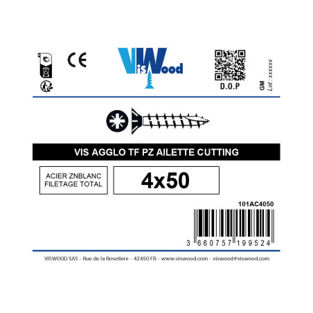 Vis agglo anti-fendage 4 x 50mm tête fraisée Pozidriv filetage complet à l'unité - Viswood