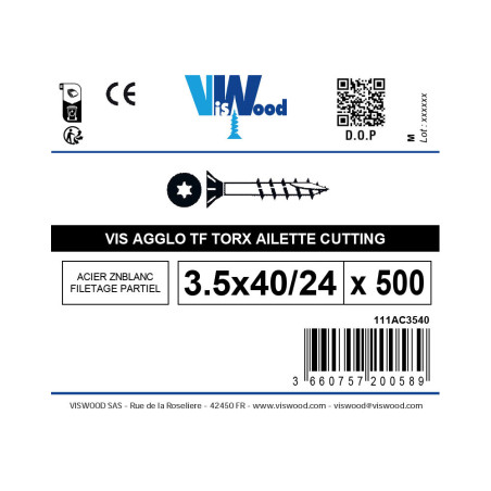 Boite 500 vis agglo 3,5 X 40mm tête fraisée torx filetage partiel zingué - Viswood