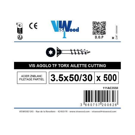 Boite 500 vis agglo 3,5 X 50mm tête fraisée torx filetage partiel zingué - Viswood