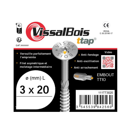 Vis bois TTAP 3 X 20mm filetage total asymétrique zingué à l'unité - Vissal