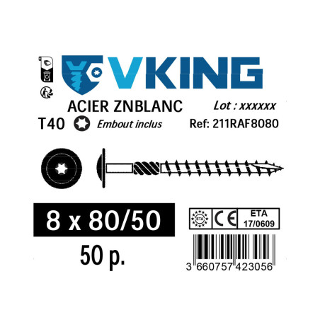 Boite 50 vis de charpente 8 X 80mm tête disque torx zingué - Viswood