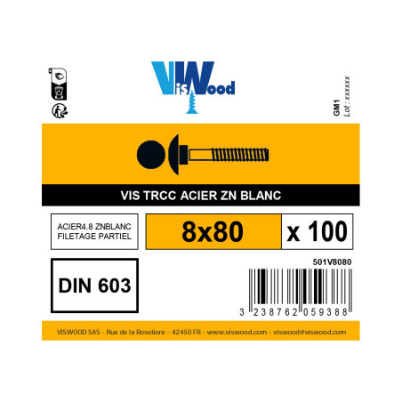 Boite 100 vis TRCC 8 X 80mm zingué - Viswood