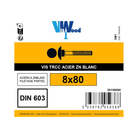 Vis TRCC 8 X 80mm zingué à l'unité - Viswood