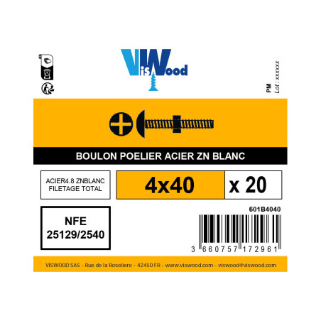 Boite 20 boulons poêlier 4 x 40mm zingué - Viswood