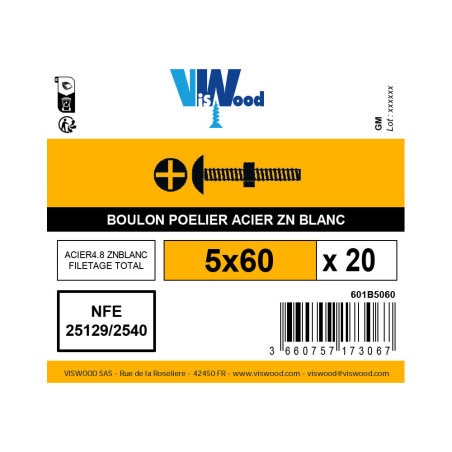 Boite 20 boulons poêlier 5 x 60mm zingué - Viswood