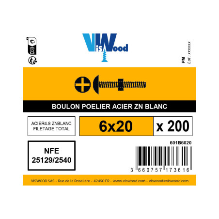 Boite 200 boulons poêlier 6 X 20mm zingué - Viswood