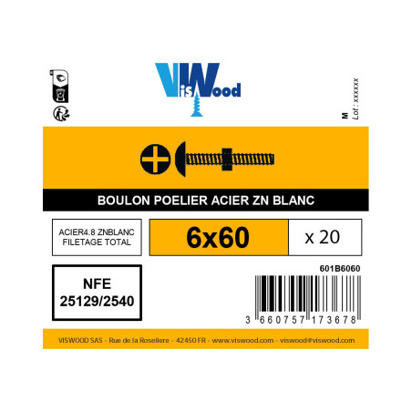 Boite 20 boulons poêlier 6 x 60mm zingué - Viswood