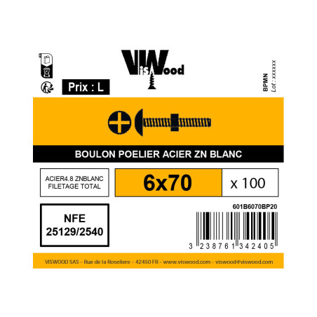 Boite 100 boulons poêlier 6 X 70mm zingué - Viswood