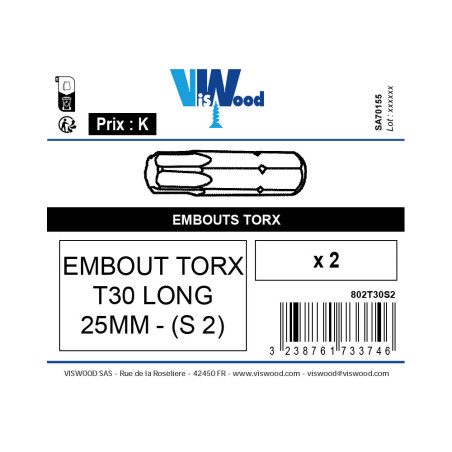 Boite 2 embouts Torx TX30 acier - Viswood