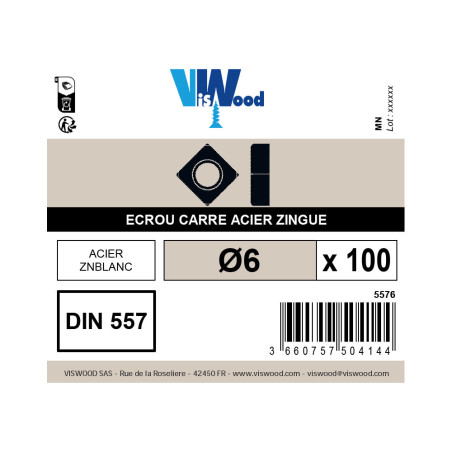 Boite 100 écrous carrés Ø 6mm zingué - Viswood