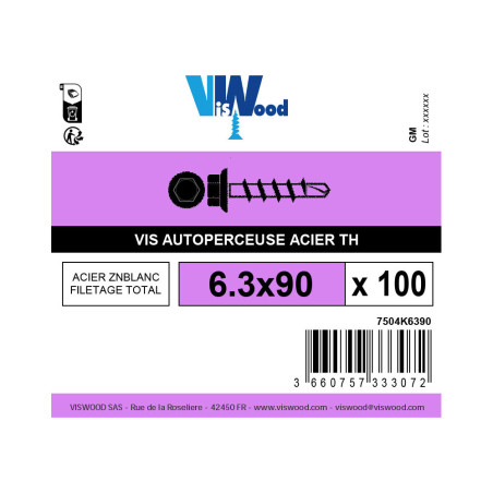 Boite 100 vis autoperceuses 6,3 X 90mm tête hexagonale zingué - Viswood