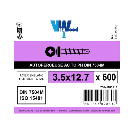 Boite 500 vis autoperceuses 3,5 X 13mm tête cylindrique zingué - Viswood