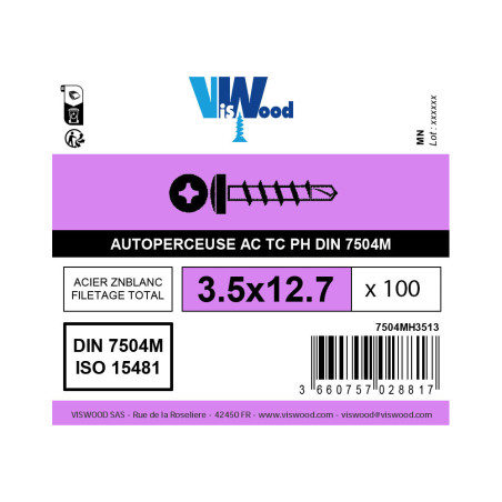 Boite 100 vis autoperceuses 3,5 x 13mm tête cylindrique zingué - Viswood