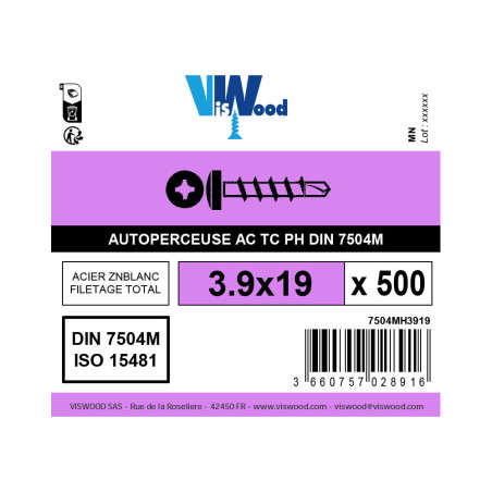 Boite 500 vis autoperceuses 3,9 X 19mm tête cylindrique zingué - Viswood