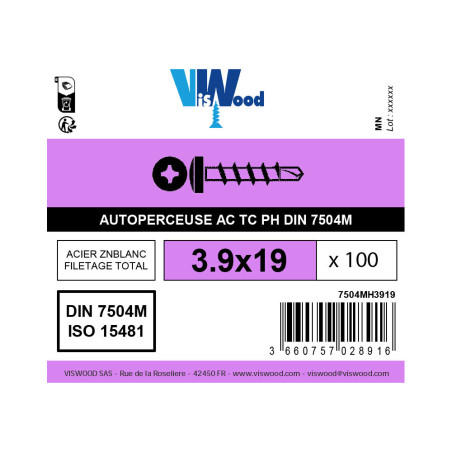 Boite 100 vis autoperceuses 3,9 x 19mm tête cylindrique zingué - Viswood