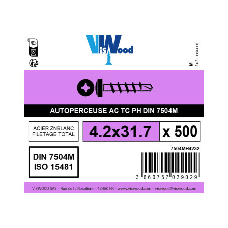 Boite 500 vis autoperceuses 4,2 X 32mm tête cylindrique zingué - Viswood