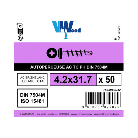 Boite 50 vis autoperceuses 4,2 x 32mm tête cylindrique zingué - Viswood