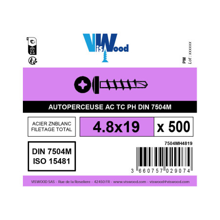 Boite 500 vis autoperceuses 4,8 X 19mm tête cylindrique zingué - Viswood