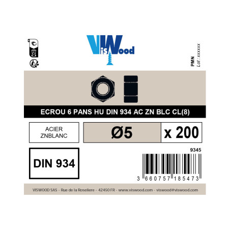 Boite 200 écrous hexagonaux Ø 5mm classe 8 zingué - Viswood