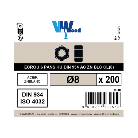 Boite 200 écrous hexagonaux Ø 8mm classe 8 zingué - Viswood