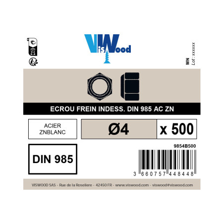 Boite 500 écrous freins Ø 4mm zingué - Viswood