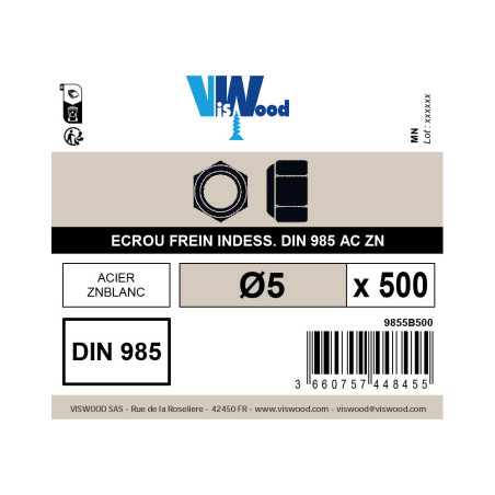 Boite 500 écrous freins Ø 5mm zingué - Viswood