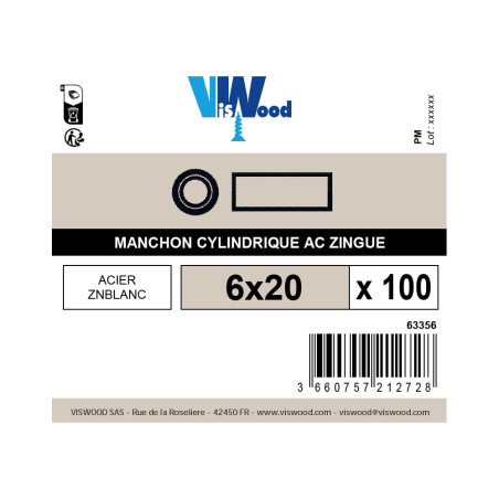 Boite 100 manchons cylindrique 6 X 20mm zingué - Viswood