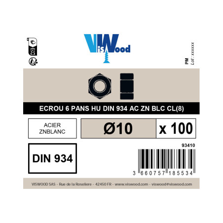 Boite 100 écrous hexagonaux Ø 10mm classe 8 zingué - Viswood