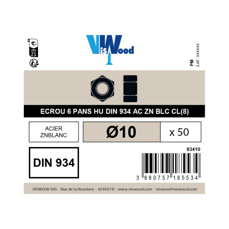 Boite 50 écrous hexagonaux Ø 10mm classe 8 zingué - Viswood