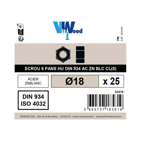 Boite 25 écrous hexagonaux Ø 18mm classe 8 zingué - Viswood