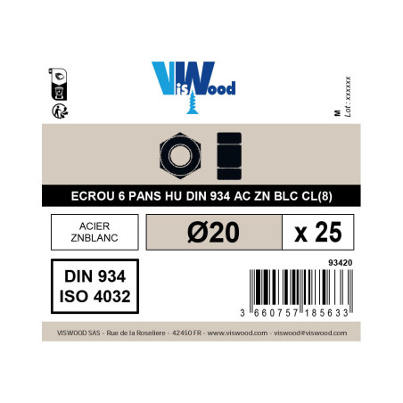 Boite 25 écrous hexagonaux Ø 20mm classe 8 zingué - Viswood