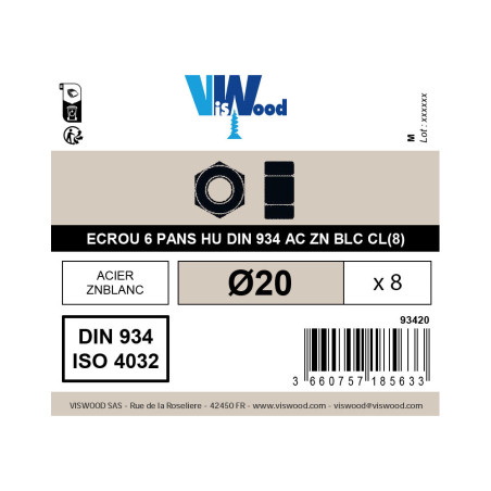 Boite 8 écrous hexagonaux Ø 20mm classe 8 zingué - Viswood