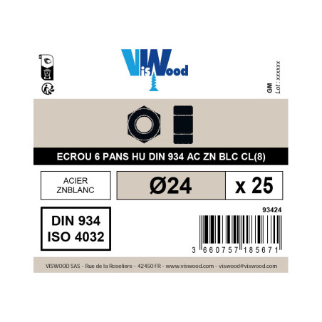 Boite 25 écrous hexagonaux Ø 24mm classe 8 zingué - Viswood