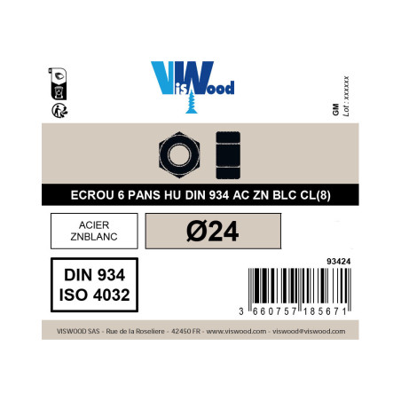 Ecrous hexagonal Ø 24mm classe 8 zingué à l'unité - Viswood