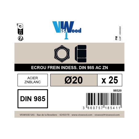 Boite 25 écrous freins Ø 20mm zingué - Viswood