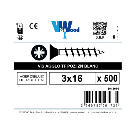 Boite 500 vis agglo 3 X 16mm tête fraisée pozidriv filetage complet zingué - Viswood