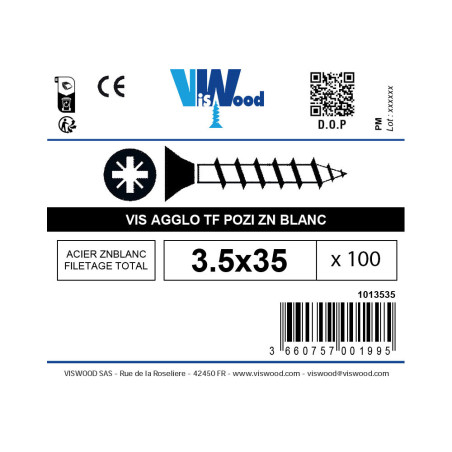 Boite 100 vis agglo 3,5 x 35mm tête fraisée pozidriv filetage complet zingué - Viswood