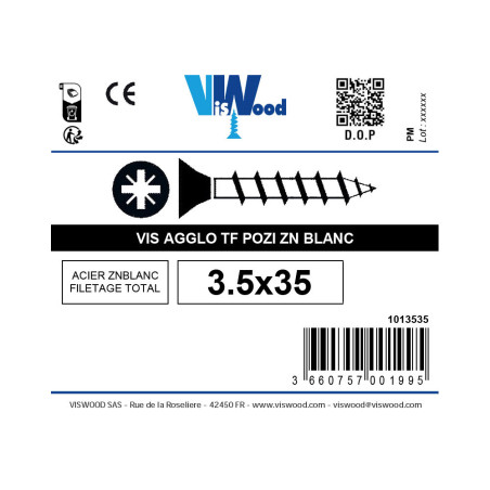 Vis agglo 3,5 X 35mm tête fraisée pozidriv filetage complet zingué à l'unité - Viswood