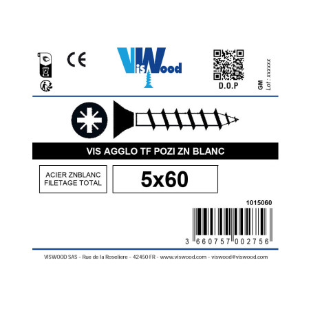 Vis agglo 5 X 60mm tête fraisée pozidriv filetage complet zingué à l'unité - Viswood