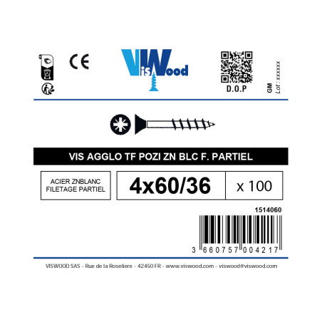 Boite 100 vis agglo 4 x 60mm tête fraisée pozidriv filetage partiel zingué - Viswood