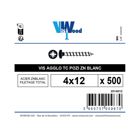 Boite 500 vis agglo 4 X 13mm tête ronde pozidriv zingué - Viswood