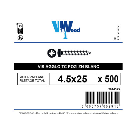 Boite 500 vis agglo 4,5 X 25mm tête ronde pozidriv zingué - Viswood