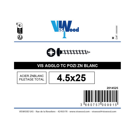 Vis agglo 4,5 X 25mm tête ronde pozidriv zingué à l'unité - Viswood