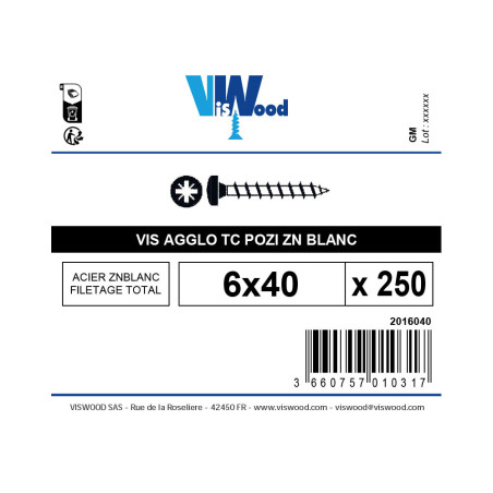 Boite 250 vis agglo 6 X 40mm tête ronde pozidriv zingué - Viswood