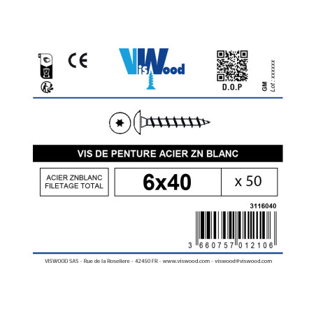 Boite 50 vis penture 6 x 40mm zingué - Viswood