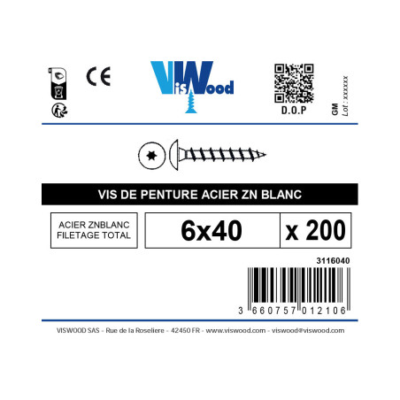 Boite 200 vis penture 6 X 40mm zingué - Viswood