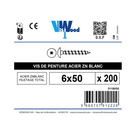 Boite 200 vis penture 6 X 50mm zingué - Viswood