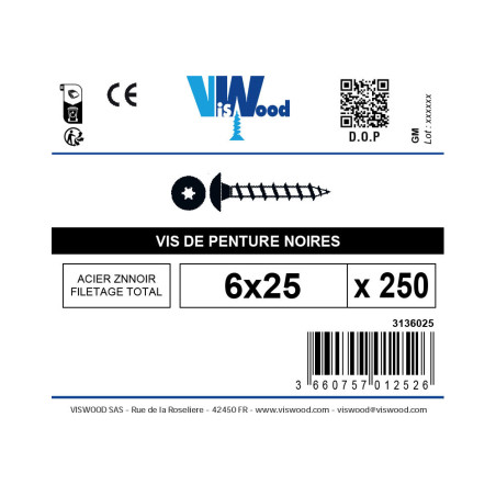 Boite 250 vis penture 6 X 25mm zingué noir - Viswood