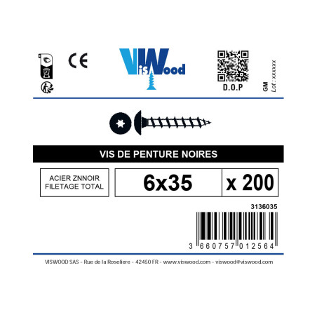 Boite 200 vis penture 6 X 35mm zingué noir - Viswood