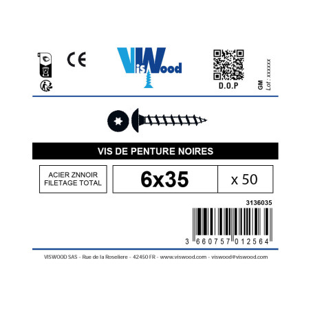 Boite 50 vis penture 6 x 35mm zingué noir - Viswood